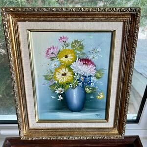 Vintage Framed Floral Still Life Painting Signed Patty 14x12 Gold Frame